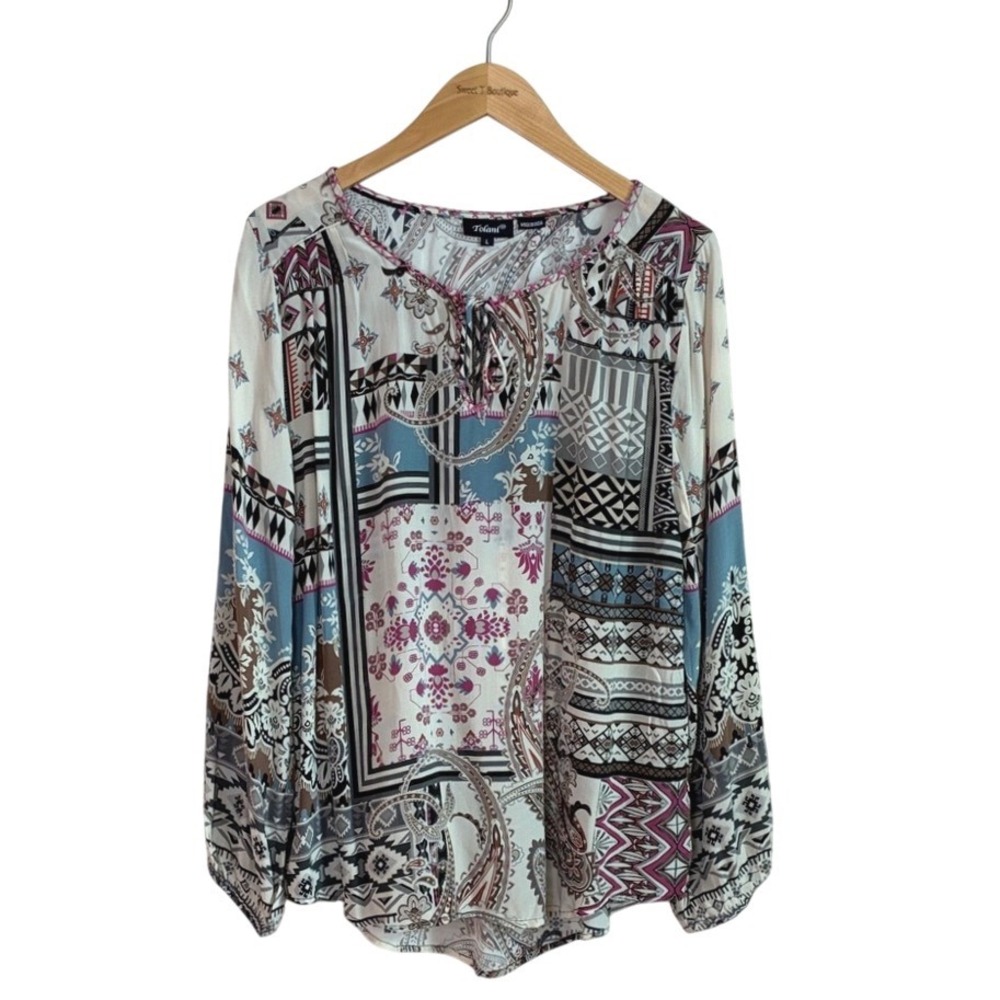 TOLANI Women Large 100% Silk Patchwork Tunic Top‎ Office Quiet Luxury Old Money